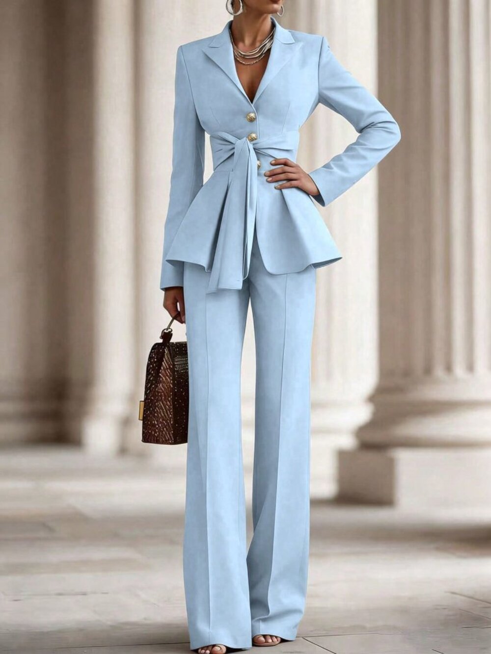 Blue Elegant Women's Knotted Waist Long Sleeve Jacket And Pants Suit Set - Picture 4 of 4
